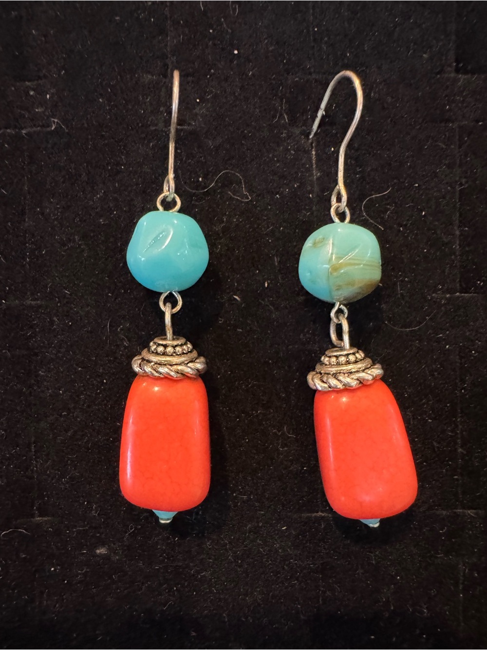 Turquoise Blue Coral Red Beaded Dangle Drop Earrings Silver Tone Boho